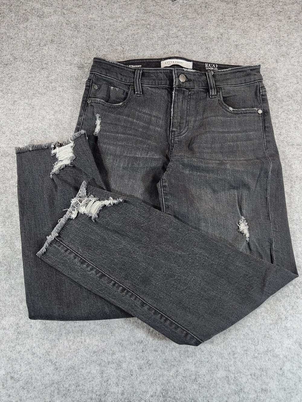 Liverpool Eco Logical Women’s Black Straight Leg Crop Distressed Jeans Size 4